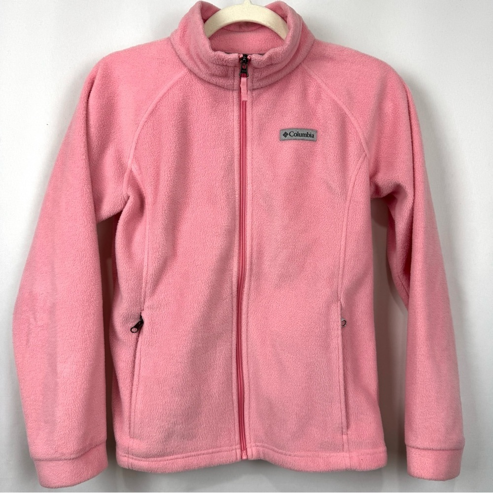 Columbia Youth Girls Sz L (14/16) Pink Soft Fleece Full Zip Jacket Outdoorsy EUC